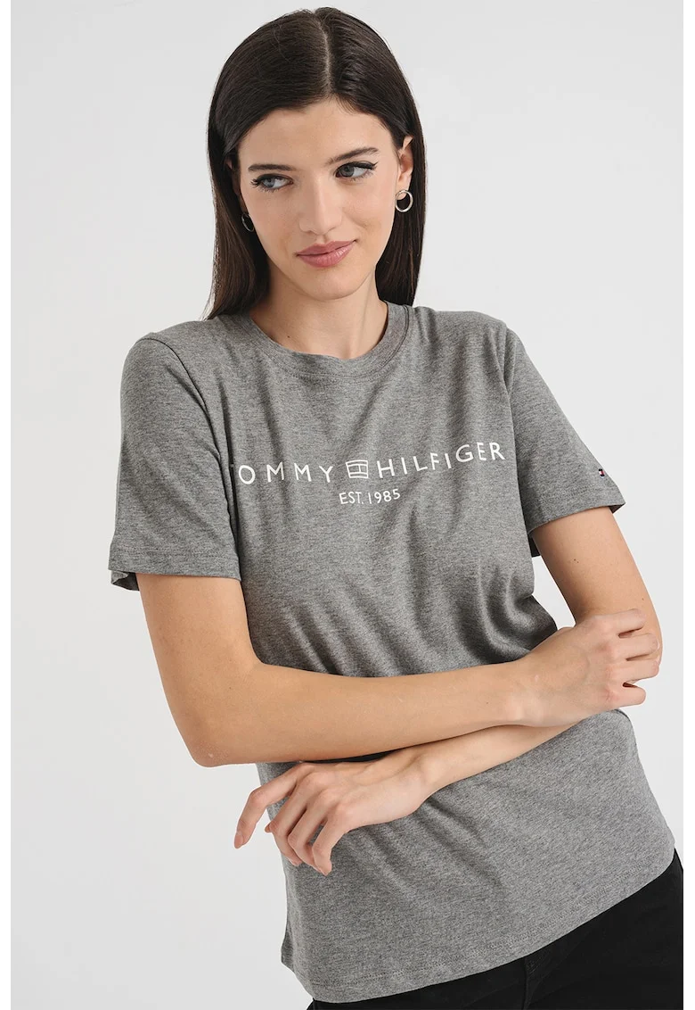 Tricou din bumbac cu imprimeu logo, Gri melange/Alb optic