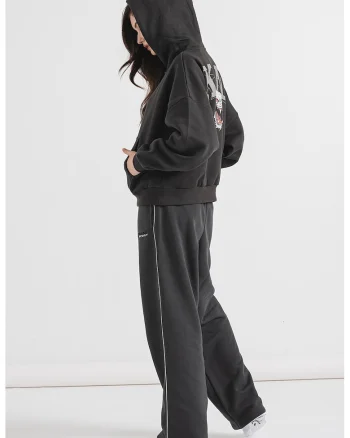 Hanorac din fleece cu model grafic pe partea din spate, Negru