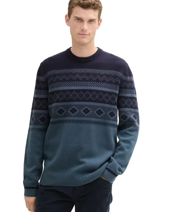 Pulover din amestec de bumbac cu model etnic, Albastru