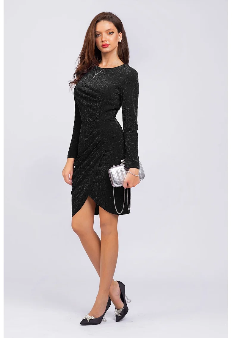 Rochie cambrata cu aspect stralucitor si maneci lungi, Negru/Argintiu