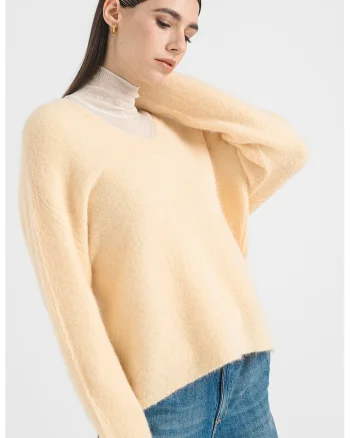 Pulover din amestec de lana cu decolteu in V, Galben deschis