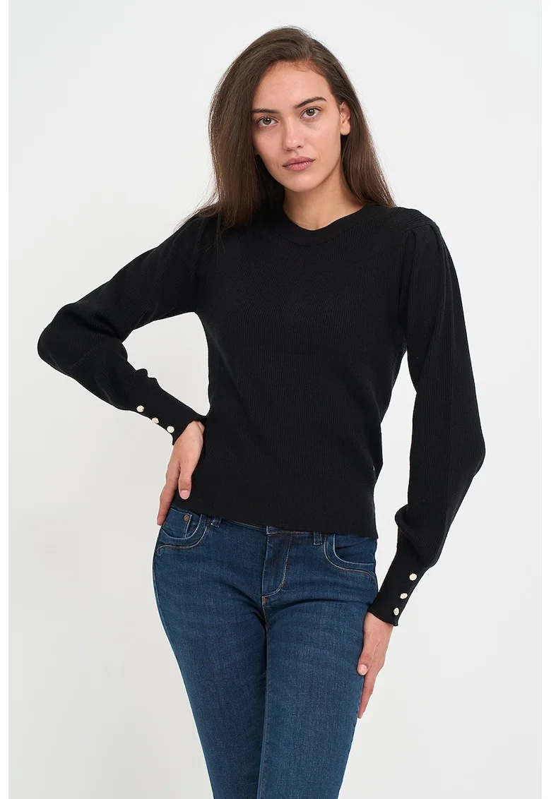 Pulover tricotat fin cu decolteu la baza gatului si logo, Negru
