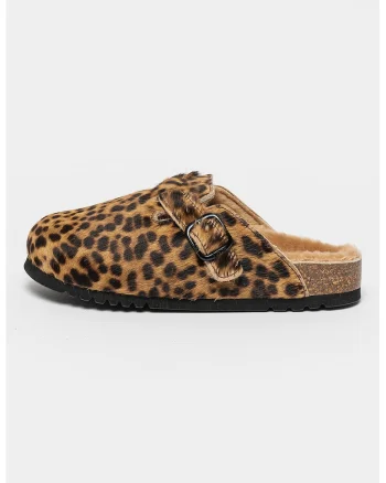 Papuci de casa din piele cu par scurt cu model animal print, Maro