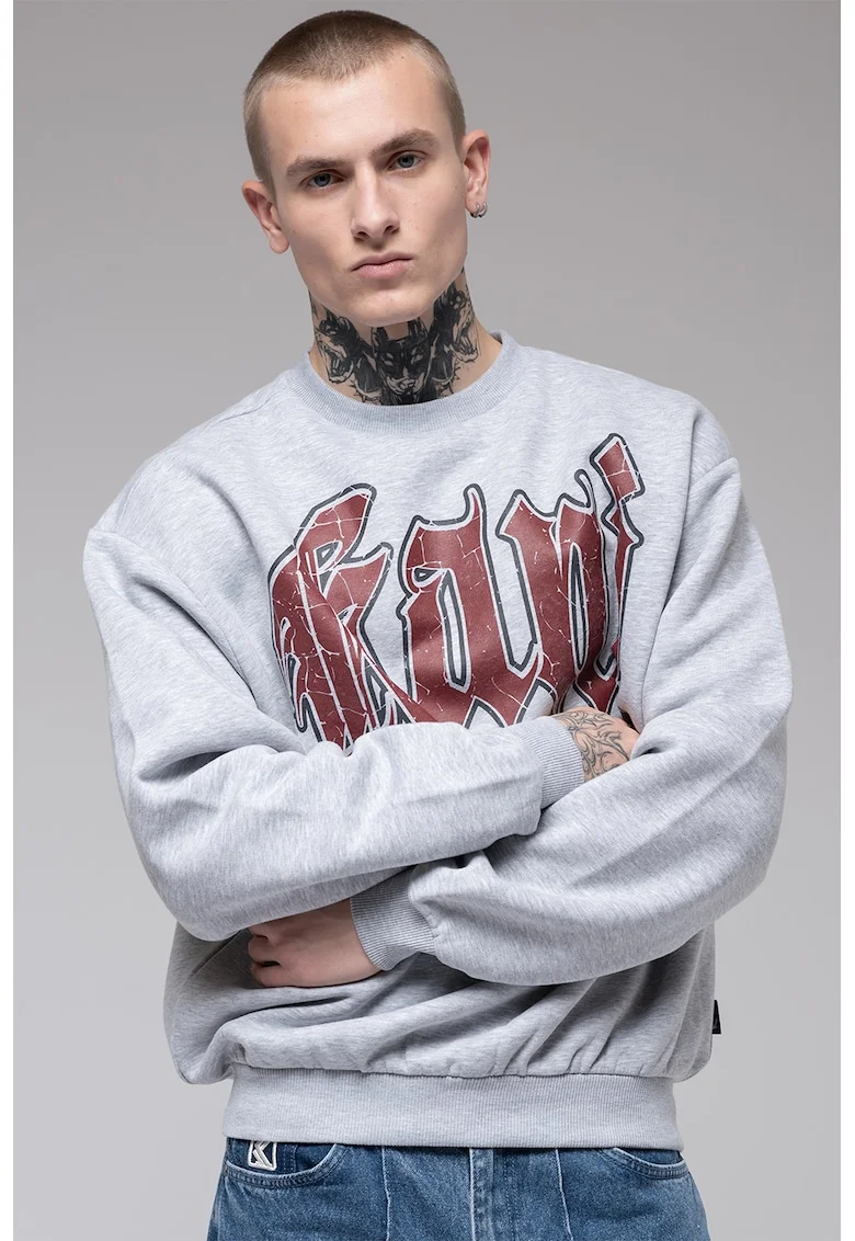 Bluza de trening cu decolteu la baza gatului si imprimeu logo, Rosu/Gri deschis