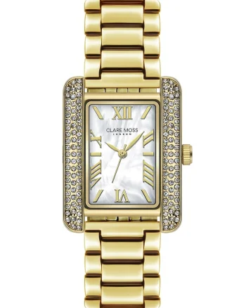 Ceas quartz cu zirconia si logo pe cadran, Auriu