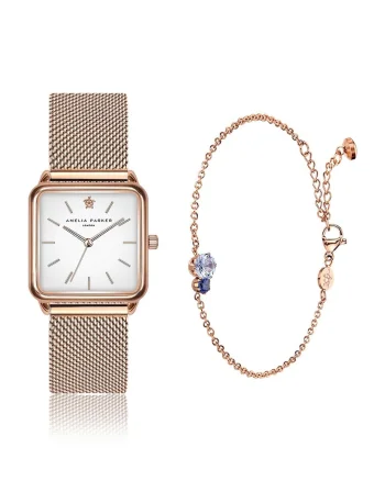 Set de ceas patrat si bratara cu cristale, Auriu rose