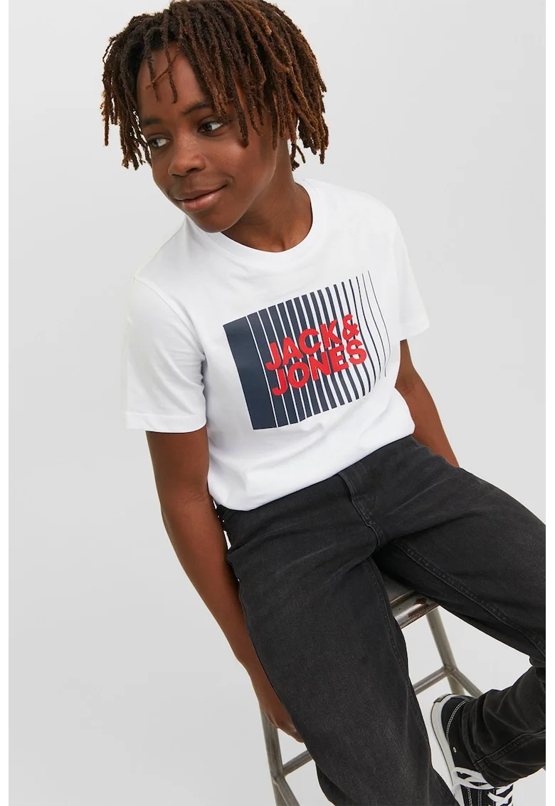 Tricou cu imprimeu logo, Portocaliu/Alb optic/Bleumarin