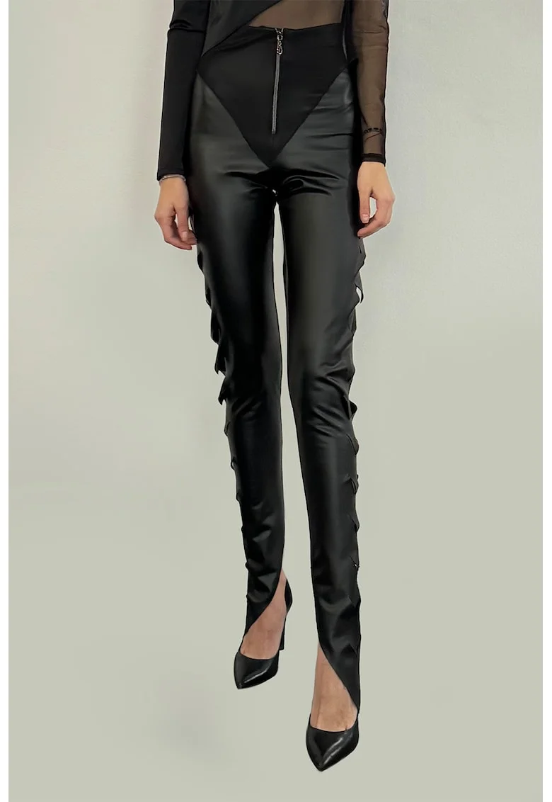 Pantaloni skinny din piele ecologica cu terminatii asimetrice, Negru