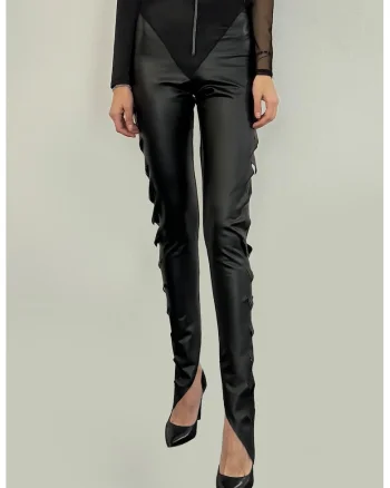 Pantaloni skinny din piele ecologica cu terminatii asimetrice, Negru
