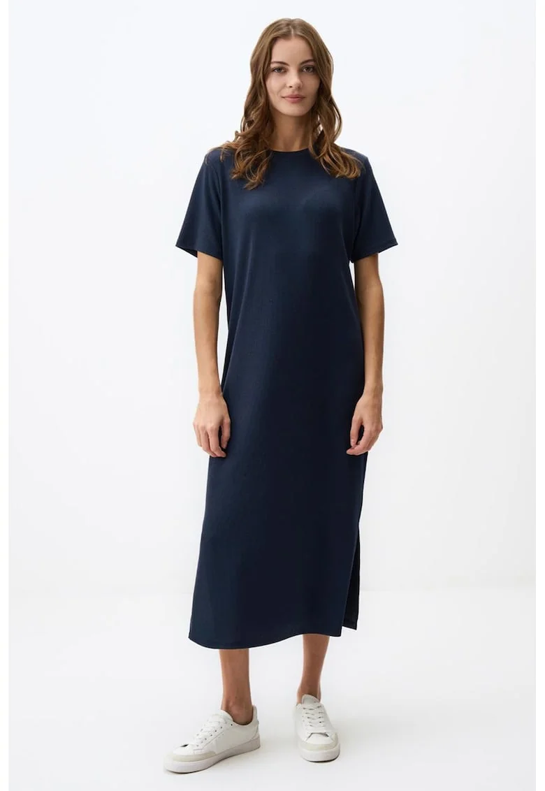 Rochie-tricou midi cu decolteu la baza gatului, Bleumarin