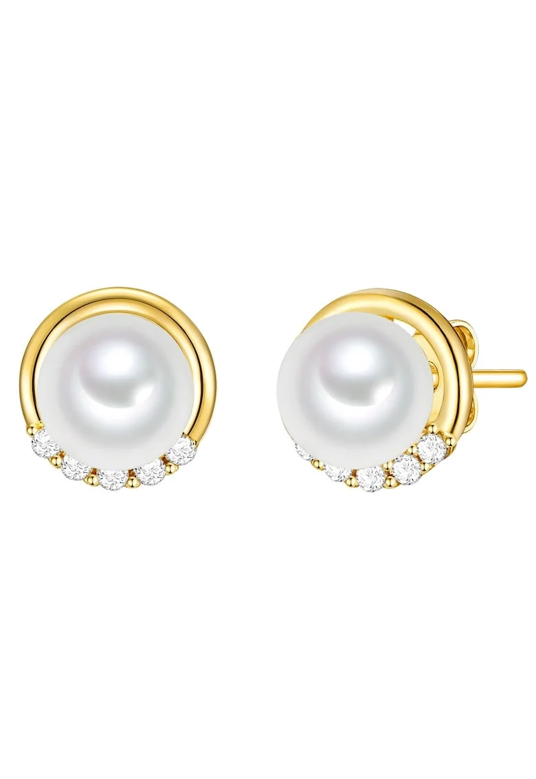 Cercei placati cu aur de 14K, cu zirconia si perle, Auriu/Galben
