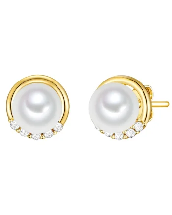 Cercei placati cu aur de 14K, cu zirconia si perle, Auriu/Galben