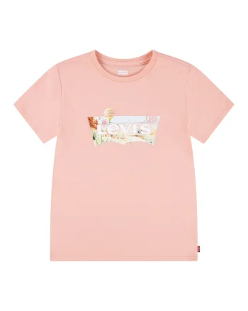 Tricou cu decolteu la baza gatului cu imprimeu logo, Roz somon/Alb murdar
