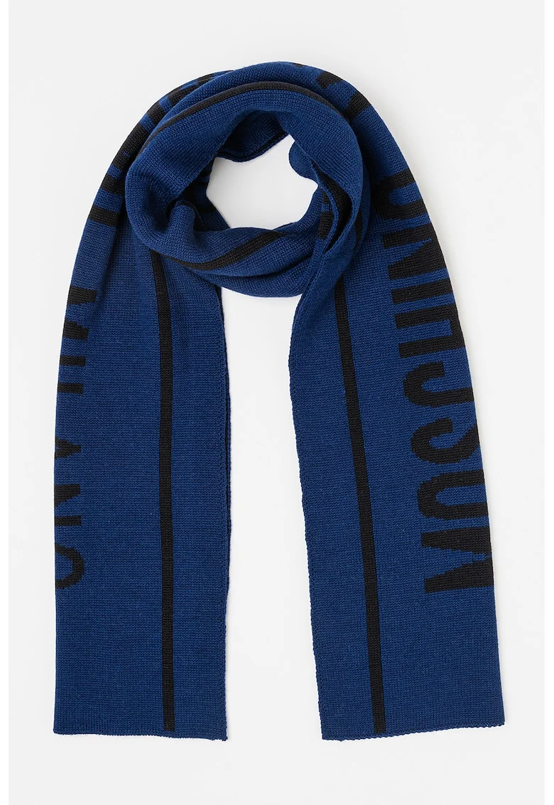 Fular tricotat din amestec de lana cu imprimeu logo, Negru/Albastru ultramarin
