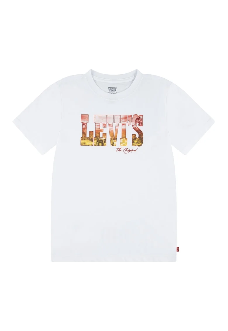 Tricou cu decolteu la baza gatului si imprimeu logo, Alb/Rosu stins/Galben mustar