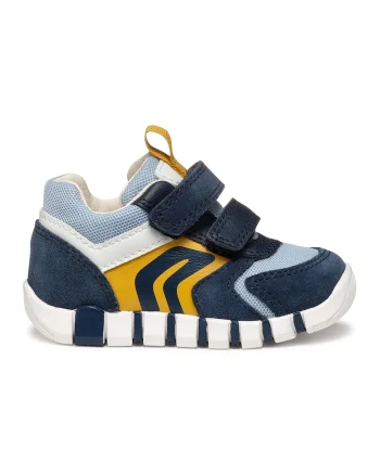Pantofi sport cu velcro, model colorblock si garnituri din piele intoarsa, Albastru pastel/Bleumarin