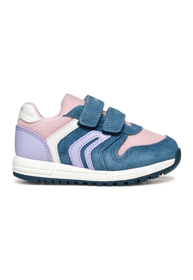 Pantofi sport cu velcro si detalii din piele intoarsa, Albastru inchis/Roz