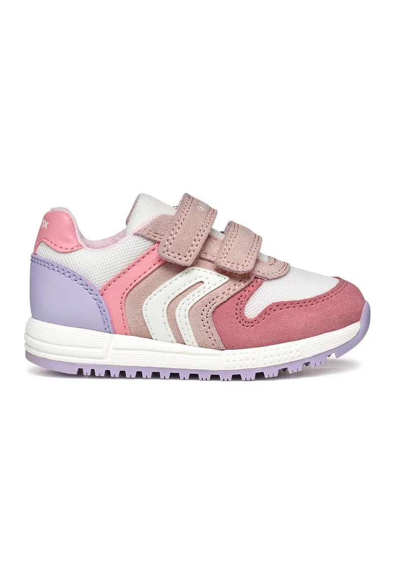 Pantofi sport cu velcro si detalii din piele intoarsa, Alb/Roz prafuit