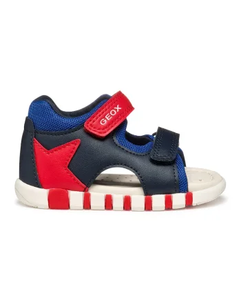Sandale cu velcro si garnituri din piele ecologica, Rosu/Bleumarin