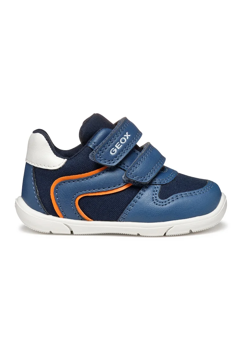 Pantofi sport de piele ecologica cu velcro, Portocaliu/Albastru inchis