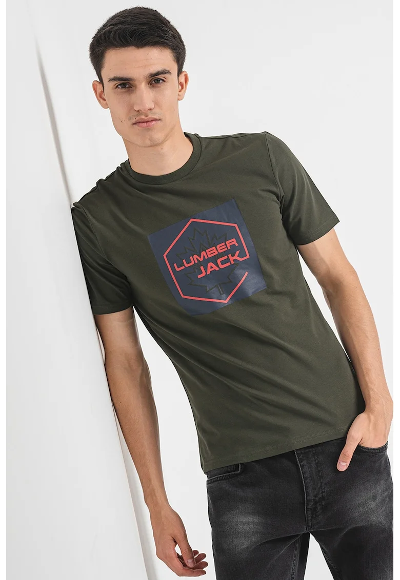 Tricou cu decolteu la baza gatului si imprimeu logo, Kaki inchis/Bleumarin