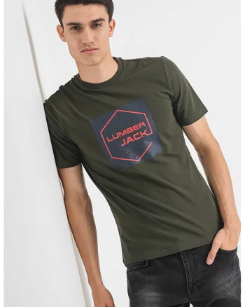 Tricou cu decolteu la baza gatului si imprimeu logo, Kaki inchis/Bleumarin
