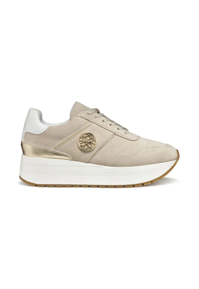 Pantofi sport din piele intoarsa cu talpa flatform, Auriu/Maro taupe deschis