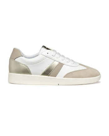 Pantofi sport din piele ecologica cu garnituri din piele intoarsa, Alb/Auriu