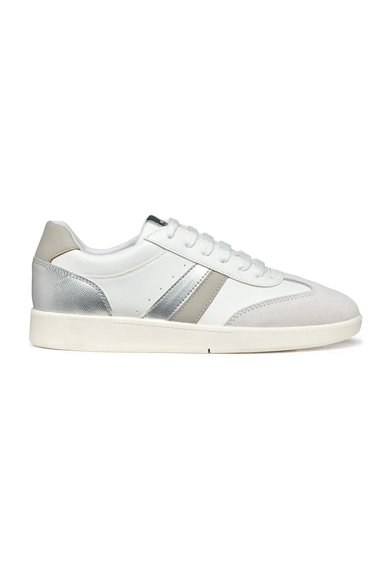 Pantofi sport din piele ecologica cu garnituri din piele intoarsa, Alb/Gri deschis