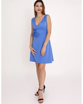 Rochie cu croiala in A si aplicatie florala Victory, Albastru azur