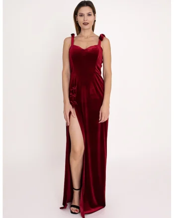 Rochie din catifea cu funde Margot, Rosu inchis