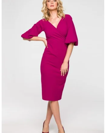 Rochie cu croiala petrecuta si maneci bufante,, Roz