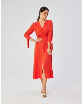 Rochie midi din viscoza cu mansete legate,, Portocaliu