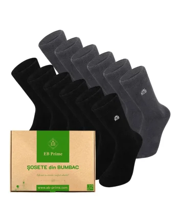 Set 12 perechi, Sosete clasice din bumbac pieptanat, Cutiuta "Rezerva Lunara"  fara cusatura, respirabile si confortabile, Negru/Gri