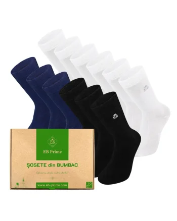 Set 12 perechi, Sosete clasice din bumbac pieptanat, Cutiuta "Rezerva Lunara"  fara cusatura, respirabile si confortabile, Alb/Negru/Albastru