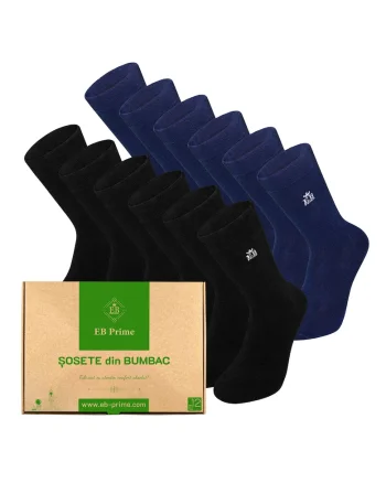 Set 12 perechi, Sosete clasice din bumbac pieptanat, Cutiuta "Rezerva Lunara"  fara cusatura, respirabile si confortabile, Negru/Albastru