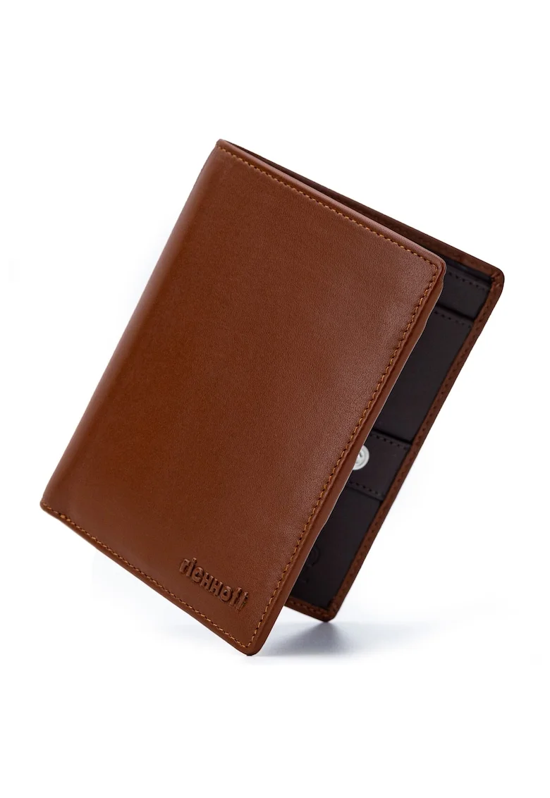 Portofel modern slim vertical barbati,  protectie RFID, piele naturala premium, Maro cognac