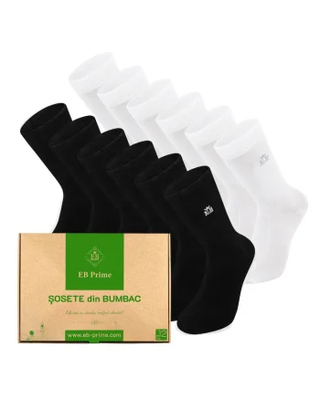 Set 12 perechi, Sosete clasice din bumbac pieptanat, Cutiuta "Rezerva Lunara"  fara cusatura, respirabile si confortabile, Alb/Negru