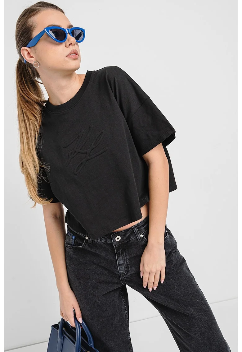 Tricou crop supradimensionat de bumbac organic, Negru