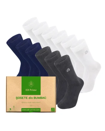 Set 12 perechi, Sosete clasice din bumbac pieptanat, Cutiuta "Rezerva Lunara"  fara cusatura, respirabile si confortabile, Alb/Gri/Albastru