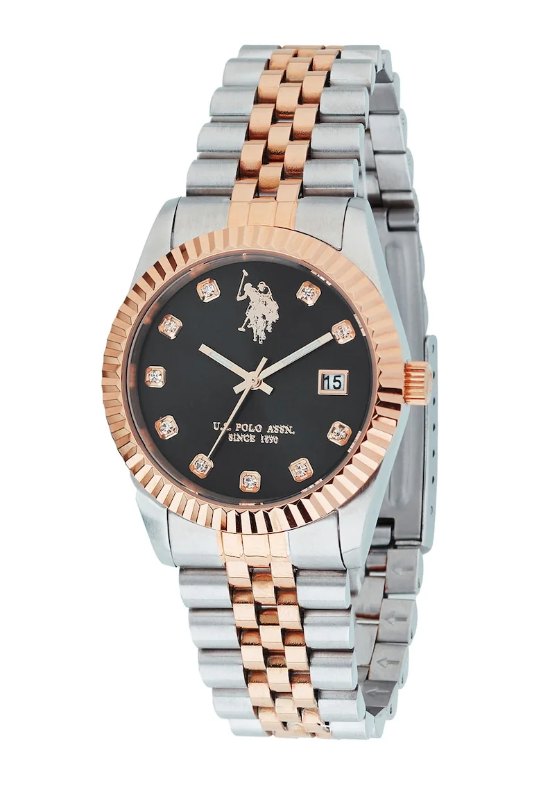 Ceas analog din otel inoxidabil decorat cu zirconia, Auriu Argintiu, Auriu rose/Argintiu