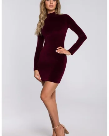 Rochie mini din velur cu guler ridicat,, Visiniu