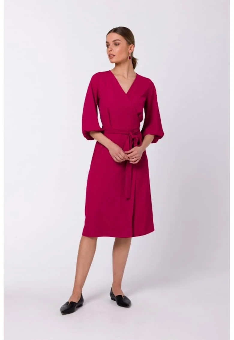 Rochie cu croiala petrecuta si cordon in talie,, Roz