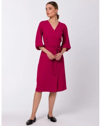 Rochie cu croiala petrecuta si cordon in talie,, Roz