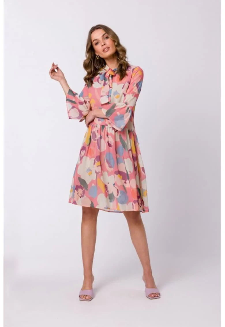 Rochie midi din sifon cu imprimeu floral si funda la gat,