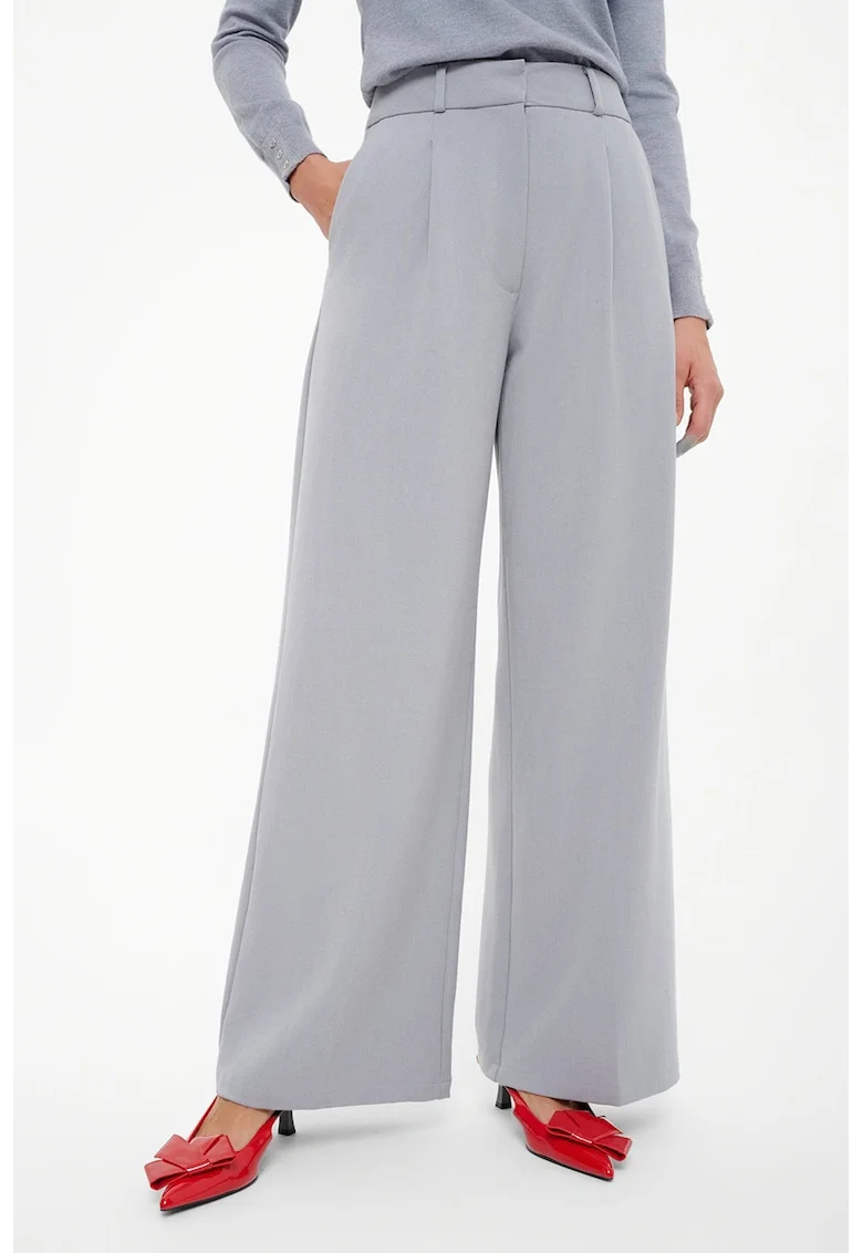 Pantaloni cu croiala ampla si talie inalta, Gri deschis