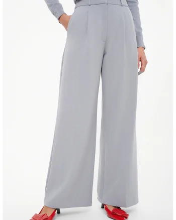 Pantaloni cu croiala ampla si talie inalta, Gri deschis