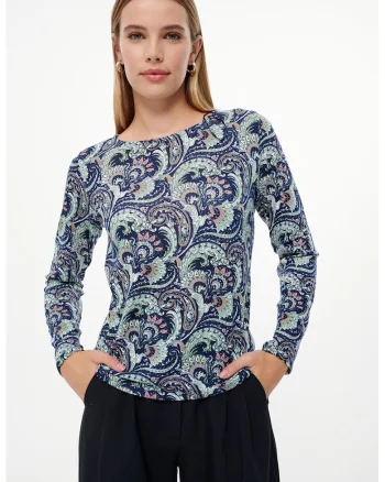 Pulover cu model si decolteu rotund, Albastru pastel/Albastru inchis/Albastru petrol