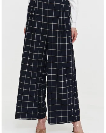 Pantaloni cu croiala ampla su model in carouri, Alb murdar/Bleumarin