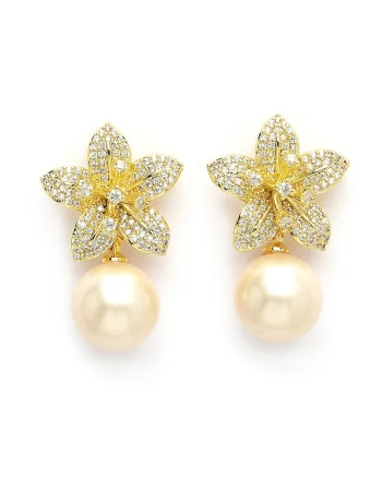 Cercei drop cu design floral si zirconia cubica Elegant, Auriu/Crem